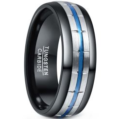 **COI Tungsten Carbide Black Blue Silver Grooves Dome Court Ring-7867AA