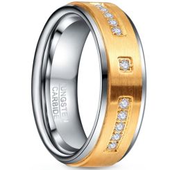 **COI Tungsten Carbide Gold Tone Silver Step Edges Ring With Cubic Zirconia-7868AA