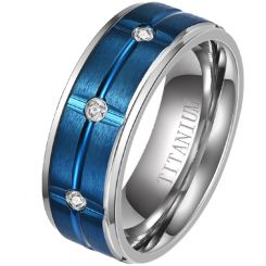 **COI Titanium Blue Silver Grooves Step Edges Ring With Cubic Zirconia-7886AA