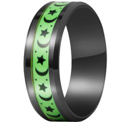 **COI Titanium Black Green Moon & Stars Beveled Edges Ring-7888AA