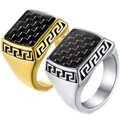 **COI Titanium Gold Tone/Silver Greek Key Pattern Ring With Carbon Fiber-7895AA