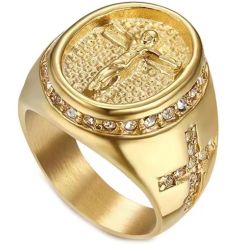 **COI Gold Tone Titanium Jesus Cross Ring With Cubic Zirconia-7915AA