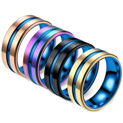 **COI Titanium Black/Rose/Gold Tone/Rainbow Blue Center Groove Step Edges Ring-7931AA