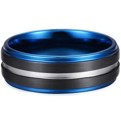 **COI Tungsten Carbide Black Blue Silver Center Groove Step Edges Ring-7959