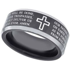 **COI Tungsten Carbide Black Silver Cross Prayer Beveled Edges Ring-7968