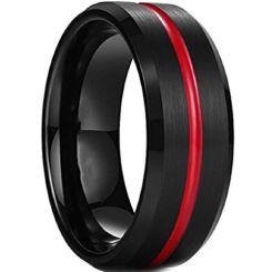 **COI Titanium Black Red Center Groove Beveled Edges Ring-7972