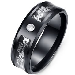 **COI Black Titanium Dragon Beveled Edges Ring With Cubic Zirconia-7991
