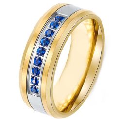 **COI Titanium Gold Tone Silver Ring With Created Blue Sapphire-8021