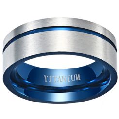 **COI Titanium Blue Silver Offset Groove Pipe Cut Flat Ring-8023