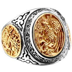 **COI Titanium Gold Tone Silver Dragon & Phoenix Ring-8044