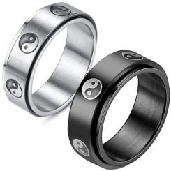 **COI Titanium Black/Silver Ying Yang Step Edges Ring-8065