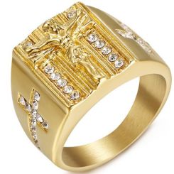 **COI Gold Tone Titanium Jesus Cross Ring With Cubic Zirconia-8067