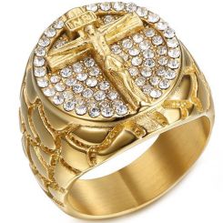 **COI Gold Tone Titanium Jesus Cross Ring With Cubic Zirconia-8069