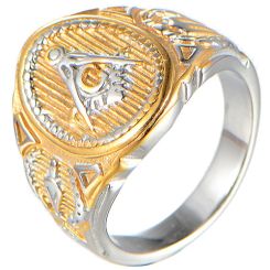 **COI Titanium Gold Tone Silver Masonic Freemason Ring-8072