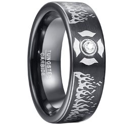 **COI Black Tungsten Carbide Laser Engraved Pipe Cut Flat Ring With Cubic Zirconia-8096