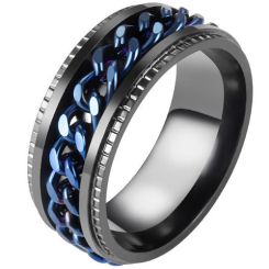 **COI Titanium Black/Silver/Black Blue Keychain Link Step Edges Ring-8103
