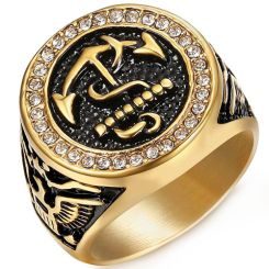 **COI Titanium Gold Tone Black Anchor Ring With Cubic Zirconia-8115