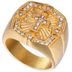 **COI Gold Tone Titanium Cross Ring With Cubic Zirconia-8126AA