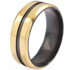 **COI Titanium Black Gold Tone Center Groove Beveled Edges Ring-8130AA