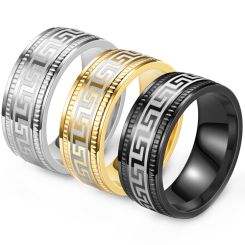 **COI Titanium Black/Gold Tone/Silver Greek Key Pattern Step Edges Ring-8149