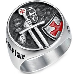 **COI Titanium Silver Black Red Vintage Templar Skull Ring With Cross-8179