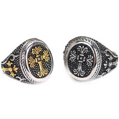 **COI Titanium Gold Tone Silver/Silver Ring With Cross-8183