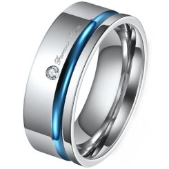 **COI Titanium Blue Silver Offset Groove Forever Love Ring With Cubic Zirconia-8189