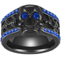**COI Black Titanium Skull Ring With Created Blue Sapphire-8197