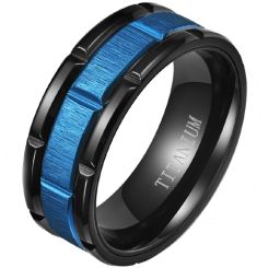 **COI Titanium Black Blue Tire Tread Brick Pattern Ring-8200