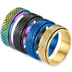 **COI Titanium Black/Gold Tone/Blue/Rainbow/Silver Color Faceted Step Edges Ring-8216