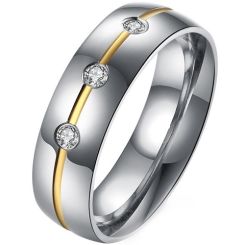 **COI Titanium Gold Tone Silver Center Groove Ring With Cubic Zirconia-8265