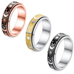 **COI Titanium Black Rose/Black Silver/Gold Tone Silver Sun & Moon Step Edges Ring-8266