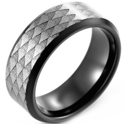 **COI Tungsten Carbide Black Silver Checkered Flag Sandblasted Beveled Edges Ring-8305