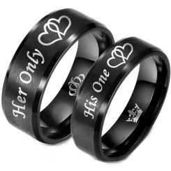 **COI Black Tungsten Carbide His One Her Only Double Hearts Beveled Edges Ring With Crown-8318