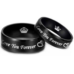 **COI Black Tungsten Carbide Love You Forever Double Hearts Beveled Edges Ring With Crown-8319