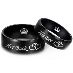 **COI Black Tungsten Carbide Her Buck His Doe Double Hearts Beveled Edges Ring With Crown-8320