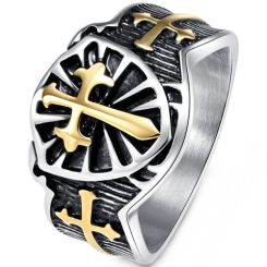 **COI Titanium Black Gold Tone Silver/Black Silver Cross Ring-8323