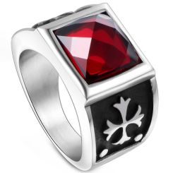 **COI Titanium Black Silver Cross Ring With Created Red Ruby/Blue Sapphire-8335