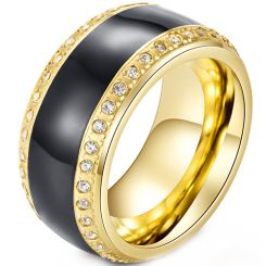 **COI Gold Tone Titanium Black Ceramic Ring With Cubic Zirconia-8339
