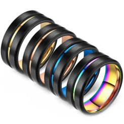 **COI Titanium Black Gold Tone/Blue/Rose/Rainbow Color Center Groove Beveled Edges Ring-8366