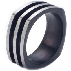 **COI Titanium Silver/Black/Gold Tone Silver Grooves Square Ring-8368