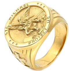 **COI Titanium Black/Gold Tone/Silver St Michael Protect Us Ring-8399