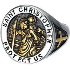 **COI Titanium Gold Tone/Silver/Gold Tone & Silver Saint Christopher Protect Us Ring-8412
