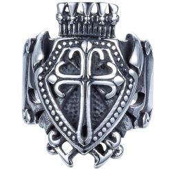 **COI Titanium Black Silver Cross Ring With Crown-8433
