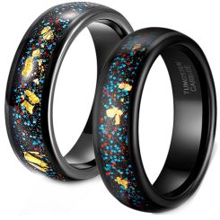 **COI Black Tungsten Carbide Meteorite Ring With 18K Gold Foil-8443