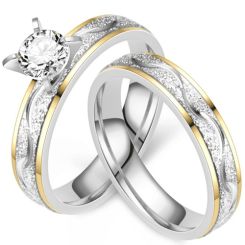 **COI Titanium Gold Tone Silver Solitaire Wedding Band Set(A set with 2 rings)-8451