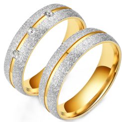 **COI Titanium Gold Tone Silver Center Grooves Sandblasted Couple Wedding Band Ring-8468