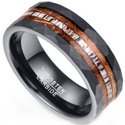 **COI Black Tungsten Carbide Hammered Ring With Deer Antler & Wood-8483