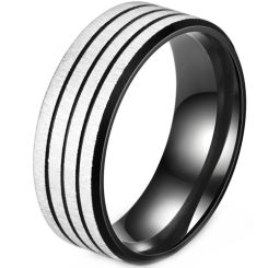 **COI Titanium Black Silver Triple Grooves Sandblasted Ring-8542
