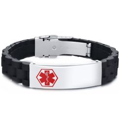 COI Titanium Medical Alert Bracelet With Black Silicon and Steel Clasp(Length: 8.26 inches)-8589